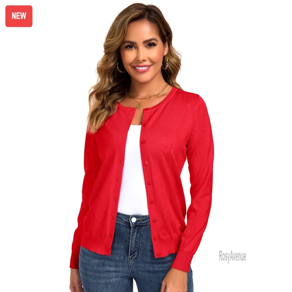Lightweight Crew Neck Cardigan Button Down Long Sleeve Sweater Chic Classic